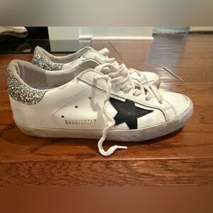 Golden Goose White Sneakers with Black Star and Silver Glitter Heel Sz 37